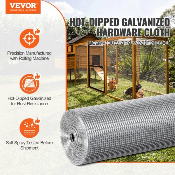 VEVOR hardware cloth, rust-resistant galvanized roll, shown near a chicken coop, durable and weatherproof.