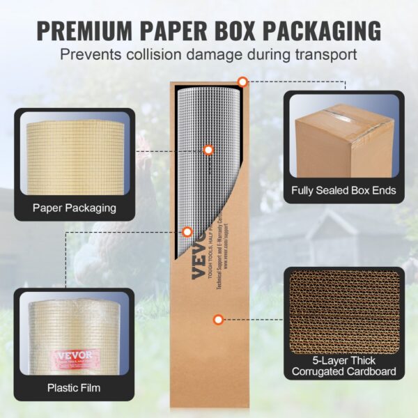 VEVOR hardware cloth with premium packaging includes paper and plastic film wrap, sealed box ends, and thick cardboard.