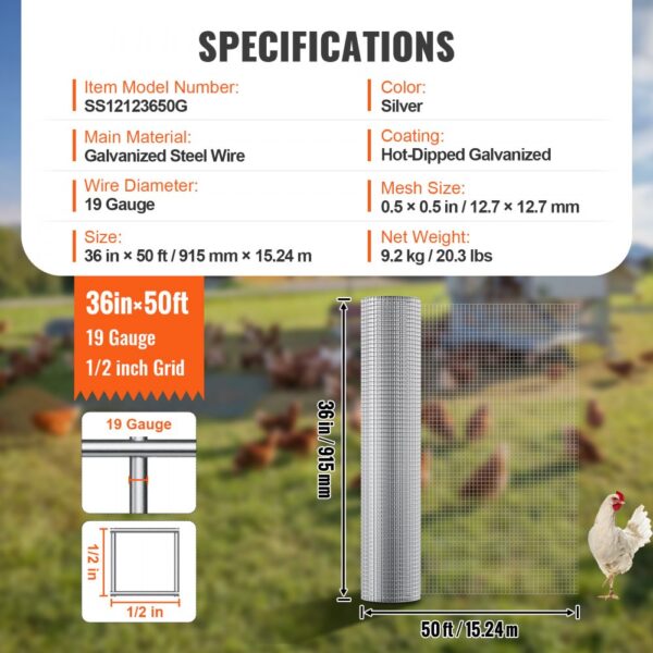 VEVOR hardware cloth roll, 36x50ft, 19 gauge, 1/2 inch grid, galvanized steel, silver color with chicken hens.