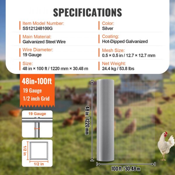 VEVOR hardware cloth specs: 48in x 100ft, 19 gauge, 1/2 inch grid, galvanized steel, 24.4 kg.