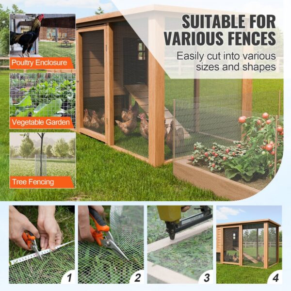 VEVOR hardware cloth uses: poultry enclosures, vegetable gardens, and tree fencing; easy to cut and shape.