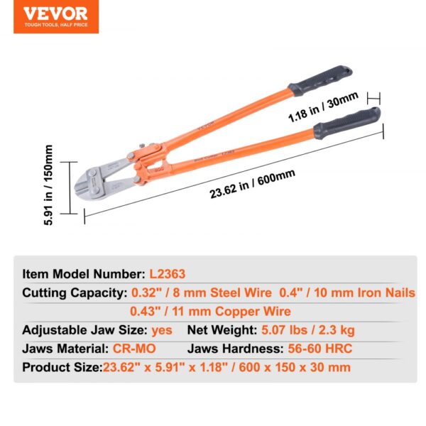 VEVOR Bolt Cutter, 24" Lock Cutter, Bi-Material Handle with Soft Rubber Grip, Chrome Molybdenum Alloy Steel Blade, Heavy Duty Bolt Cutter for Rods, Bolts, Wires, Cables, Rivets, and Chains