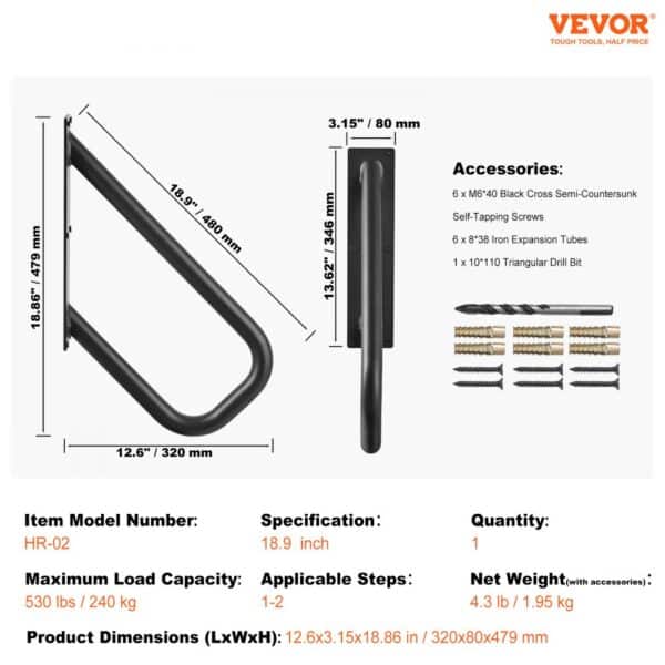 VEVOR handrails, 18.9-inch, 530 lbs capacity, with screws, expansion tubes, and drill bit shown.