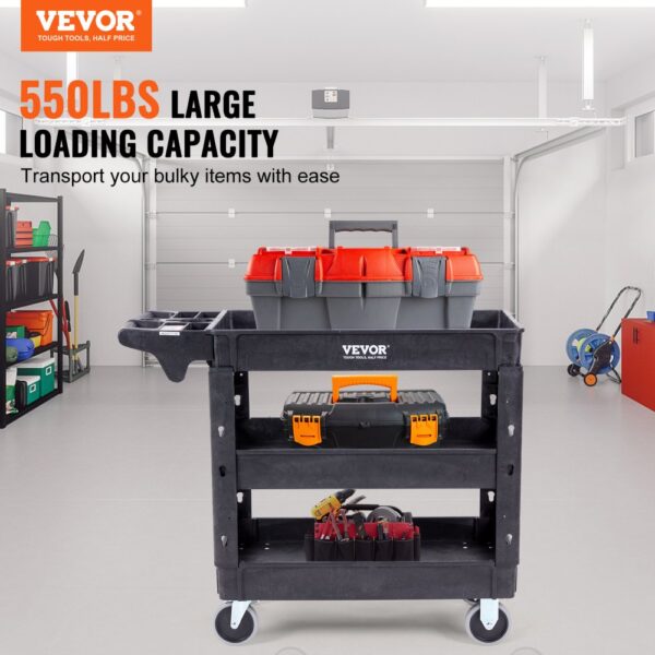 VEVOR utility service cart in a garage with tools and storage boxes, 550 lbs large loading capacity.