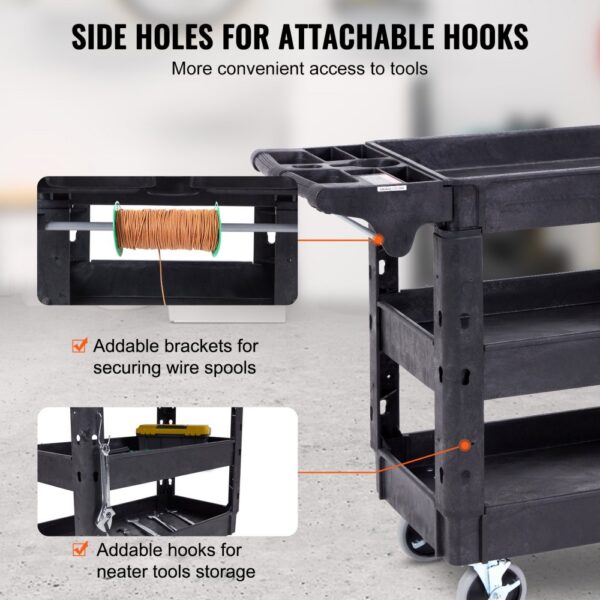 VEVOR utility service cart with side holes for hooks, addable brackets for wire spools, and tool storage.