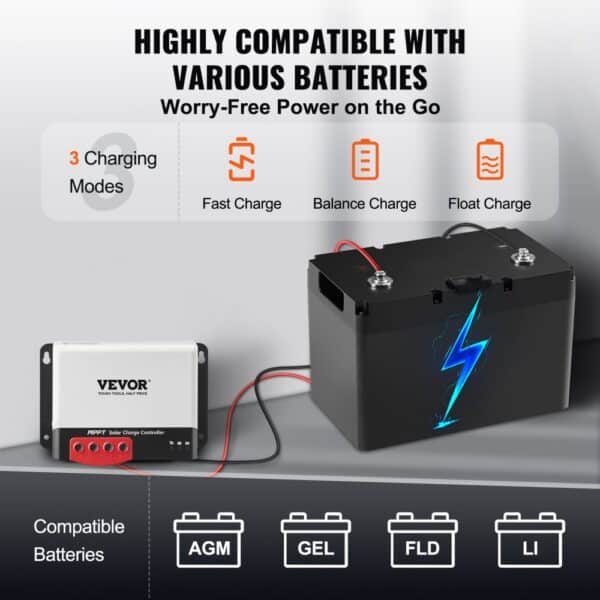 VEVOR mppt solar charge controller connected to a battery displaying charging modes and compatibility.