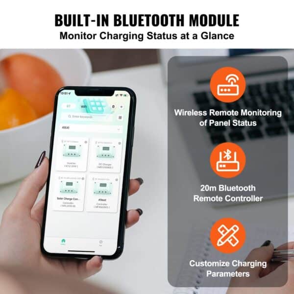 hand holding phone showing VEVOR mppt solar charge controller app with bluetooth monitoring and customization options.