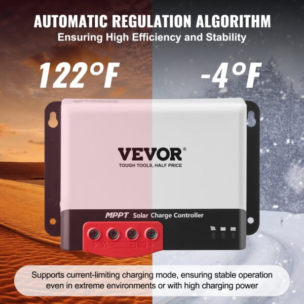 VEVOR mppt solar charge controller with automatic regulation for high efficiency in extreme temperatures.