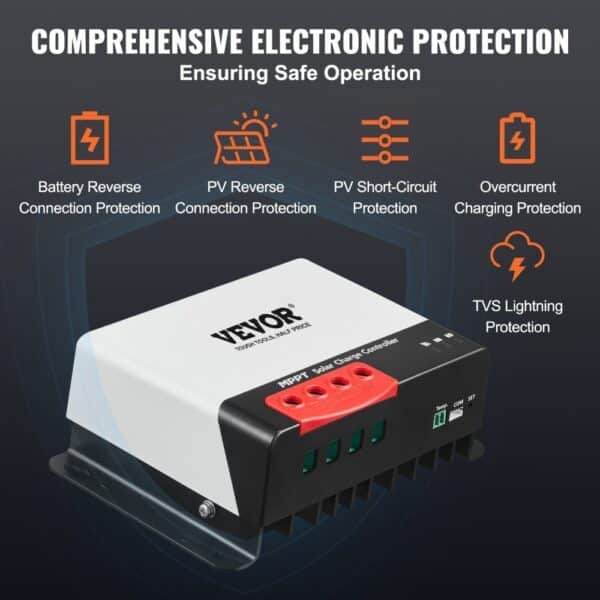 VEVOR mppt solar charge controller with comprehensive electronic protection and safe operation.