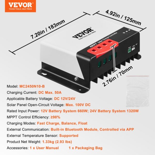 VEVOR mppt solar charge controller, 12v/24v, dc max. 50a, built-in bluetooth, fast charge capabilities.