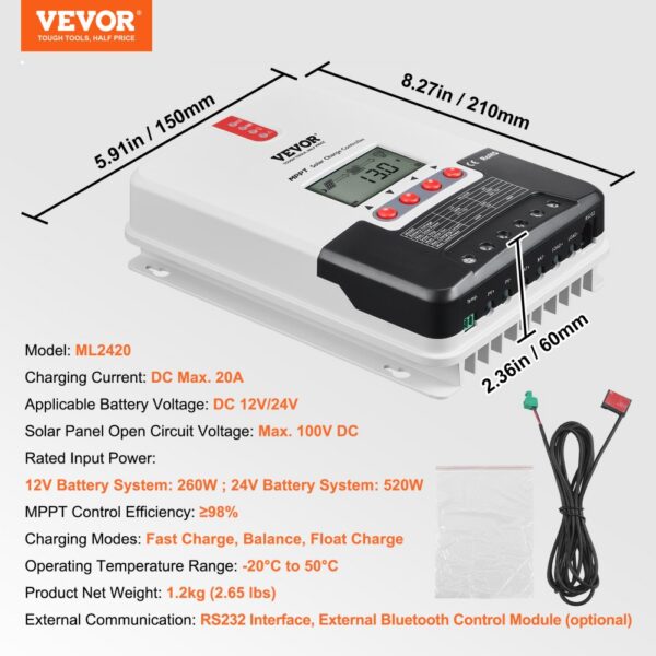 VEVOR 20A MPPT Solar Charge Controller, 12V / 24V Auto DC Input, Solar Panel Regulator Charger with LCD Display Temperature Sensor Cable, for Sealed(AGM), Gel, Flooded and Lithium Battery Charging