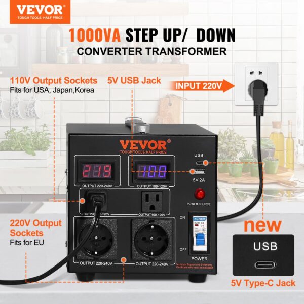 VEVOR Voltage Converter Transformer, 1000VA, Heavy Duty Step Up/Down Transformer, Convert from 110 Volt to 220 Volt and from 220 Volt to 110 Volt, with US Outlet EU Outlet 5V USB Port, CE Certified