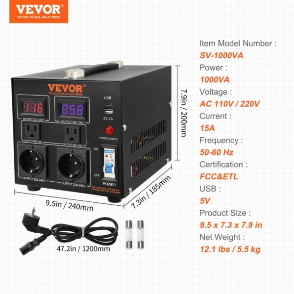 VEVOR Voltage Converter Transformer, 1000VA, Heavy Duty Step Up/Down Transformer, Convert from 110 Volt to 220 Volt and from 220 Volt to 110 Volt, with US Outlet EU Outlet 5V USB Port, CE Certified