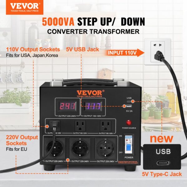 VEVOR Voltage Converter Transformer, 5000VA, Heavy Duty Step Up/Down Transformer, Convert from 110 Volt to 220 Volt and from 220 Volt to 110 Volt, with US Outlet EU Outlet 5V USB Port, CE Certified