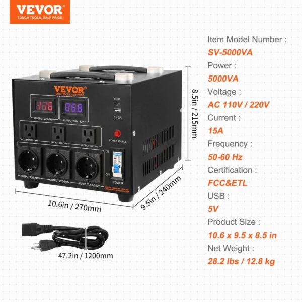 VEVOR Voltage Converter Transformer, 5000VA, Heavy Duty Step Up/Down Transformer, Convert from 110 Volt to 220 Volt and from 220 Volt to 110 Volt, with US Outlet EU Outlet 5V USB Port, CE Certified