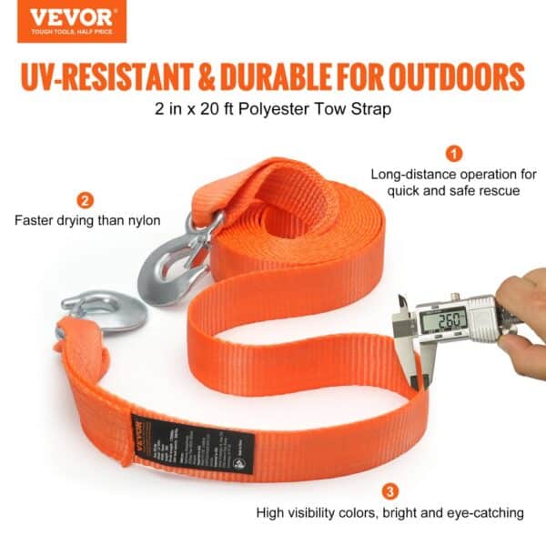 VEVOR tow strap, orange polyester, 2 in x 20 ft, uv-resistant, durable, with hooks, faster drying.