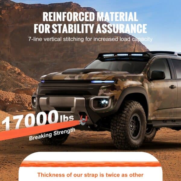 camo suv in a rocky desert pulling VEVOR tow strap showing 17000 lbs breaking strength with reinforced material.