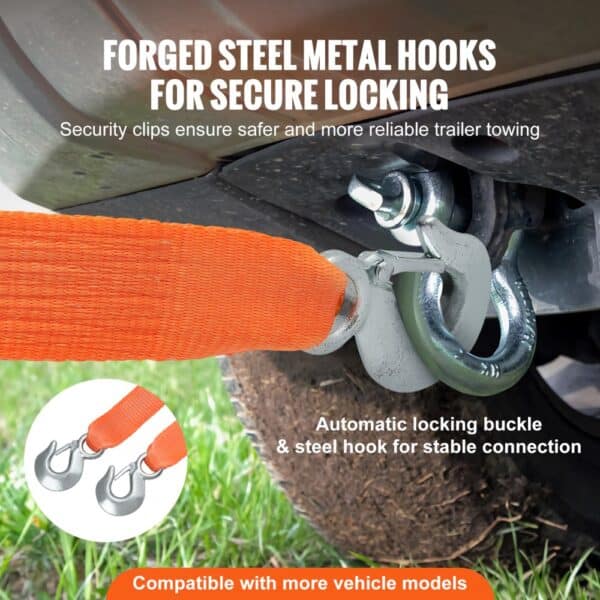 VEVOR tow strap with forged steel hooks and security clips for reliable trailer towing, automatic lock.