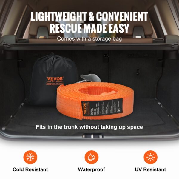 VEVOR tow strap in trunk with storage bag, showcasing cold resistant, waterproof, and uv resistant features.