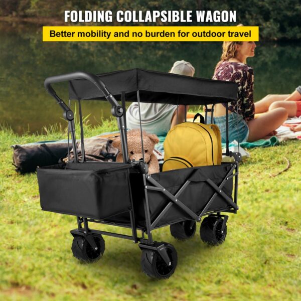 VEVOR collapsible garden cart in a scenic outdoor setting with a backpack and teddy bear.