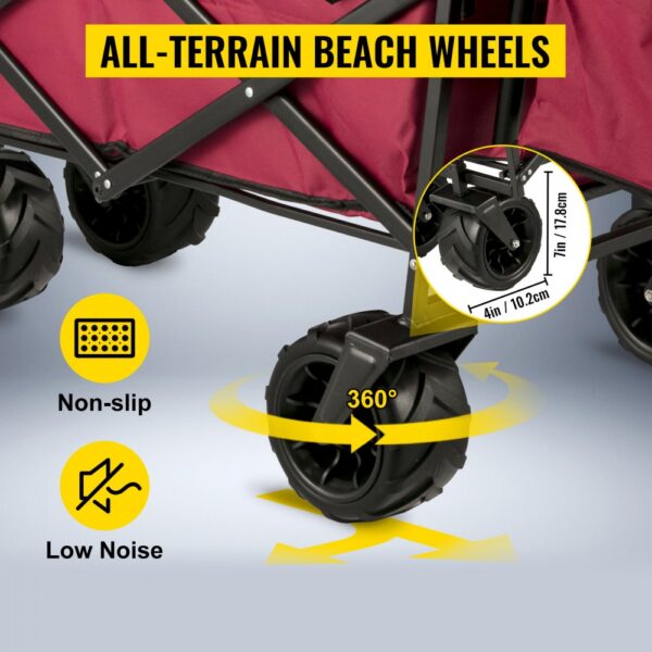 VEVOR garden cart with all-terrain wheels, 360° rotation, non-slip, and low noise features.