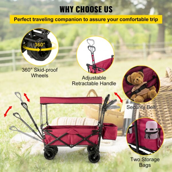 VEVOR garden cart with 360° skid-proof wheels, adjustable handle, and storage bags.