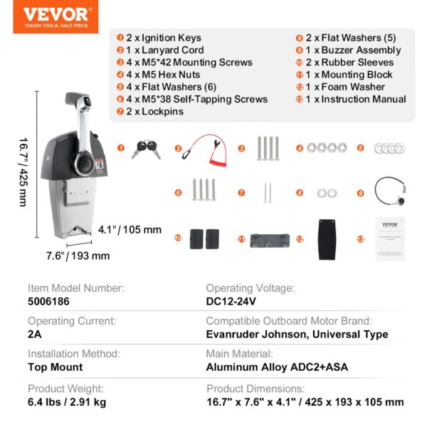 VEVOR Outboard Throttle Remote Control Box Top-Mounted for Evinrude Johnson