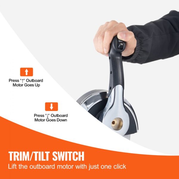 hand pressing trim/tilt switch on VEVOR boat throttle control to move outboard motor up or down.