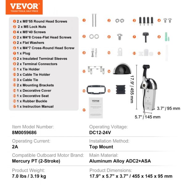 VEVOR boat throttle control assembly kit with screws, mounting brackets, and installation guide.