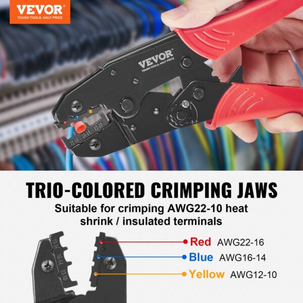 VEVOR Crimping Tool, AWG22-10 Heat Shrink/Nylon/Insulated Terminal Crimper, Labor-Saving Ratcheting Wire Crimp Pliers with a Pair Of Gloves, a Wire Stripping Pliers, and 210pcs Heat Shrink Tubes