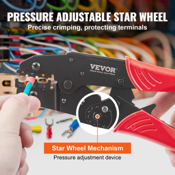 VEVOR Crimping Tool, AWG22-10 Heat Shrink/Nylon/Insulated Terminal Crimper, Labor-Saving Ratcheting Wire Crimp Pliers with a Pair Of Gloves, a Wire Stripping Pliers, and 210pcs Heat Shrink Tubes