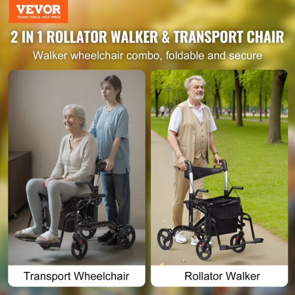 VEVOR rollator walker and transport chair combo showing indoor and outdoor use.