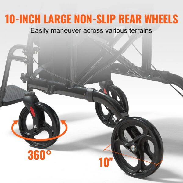 VEVOR rollator walker with 10-inch large non-slip rear wheels for easy maneuvering across terrains.