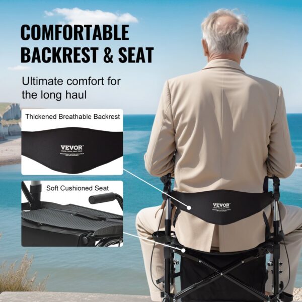 senior sitting on VEVOR rollator walker with thickened breathable backrest and soft cushioned seat, scenic ocean view.