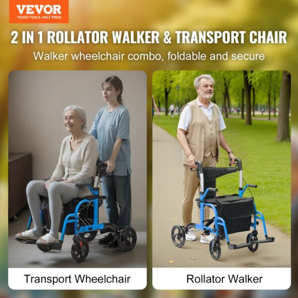 VEVOR rollator walker and transport wheelchair, foldable and secure multifunctional mobility aid.