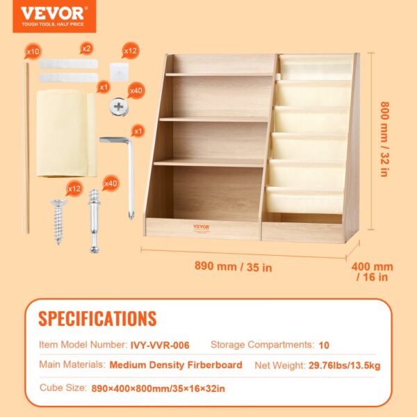 VEVOR kids bookshelf with 10 compartments, medium density fiberboard, 35x16x32 inches, assembly parts included.