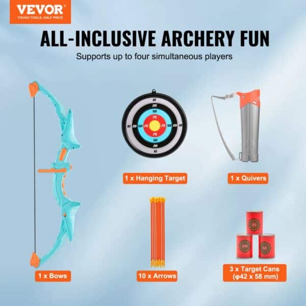 VEVOR kids archery set: a bow, hanging target, quiver, 10 arrows, and 3 target cans for four players.