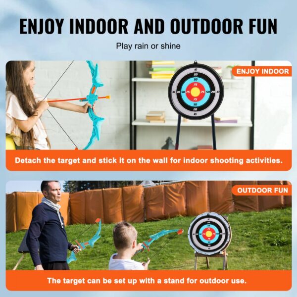 kids enjoying the VEVOR kids archery set indoors and outdoors with detachable target options.