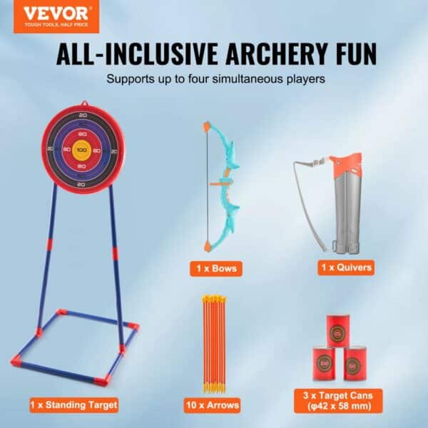 VEVOR kids bow and arrow set includes a standing target, bow, quiver, arrows, and target cans.