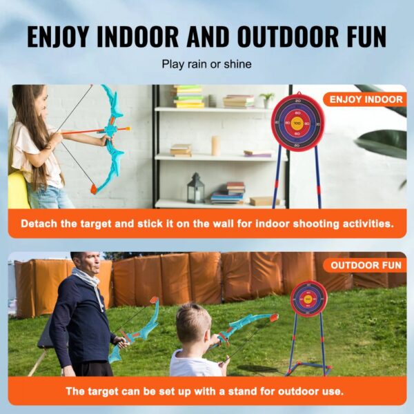 kids enjoying the VEVOR kids bow and arrow set indoors and outdoors with target practice.