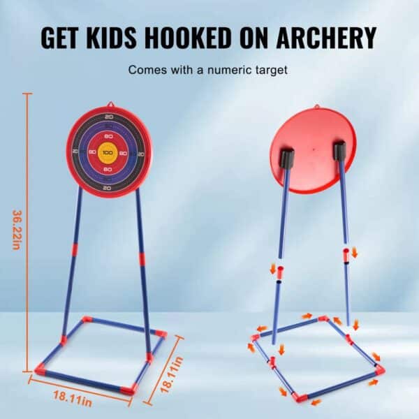 VEVOR kids archery set with numeric target, 36.22in tall, blue and red stand, easy to assemble.