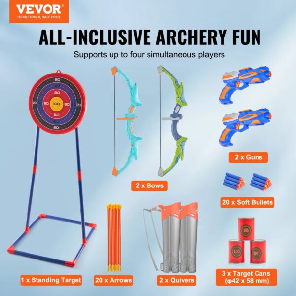 VEVOR kids bow and arrow set includes a standing target, 2 bows, 20 arrows, 2 guns, 20 bullets, 3 cans.