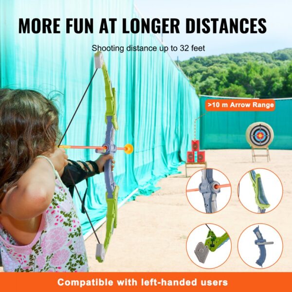 VEVOR kids bow and arrow set, shooting at target, compatible with left-handed users.