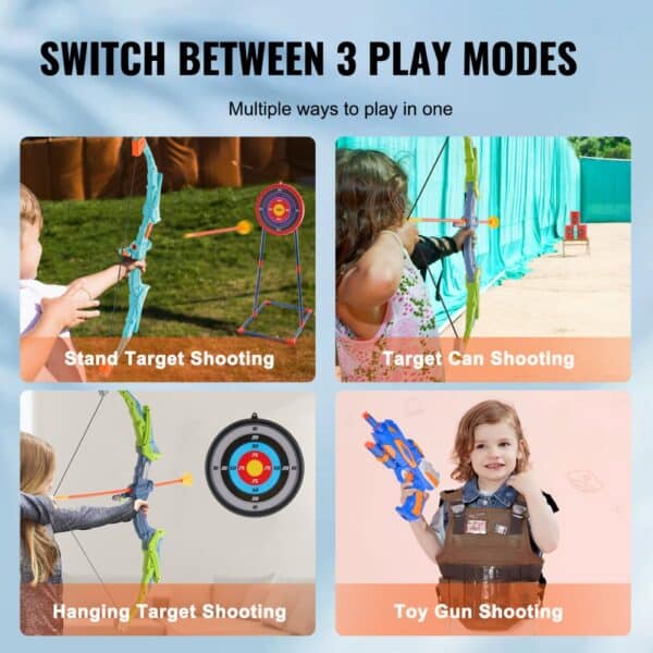 VEVOR kids bow and arrow set with 3 play modes: stand target, hanging target, and target can shooting.