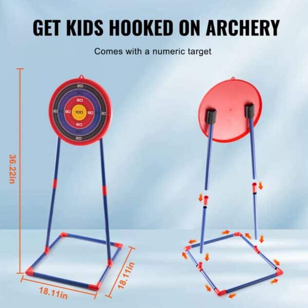 VEVOR kids bow and arrow set with numeric target, stands 36.22 inches tall, base 18.11 inches wide.