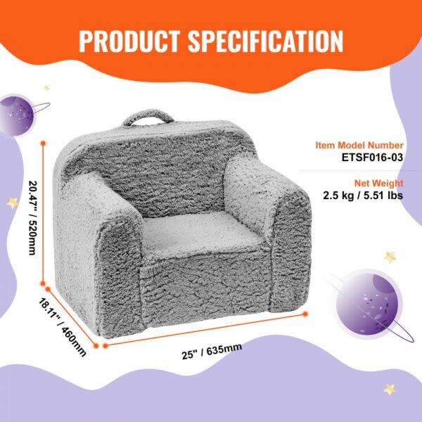 VEVOR kids armchair, gray plush, dimensions 25"x18.11"x20.47", model etsf016-03, weight 2.5 kg.