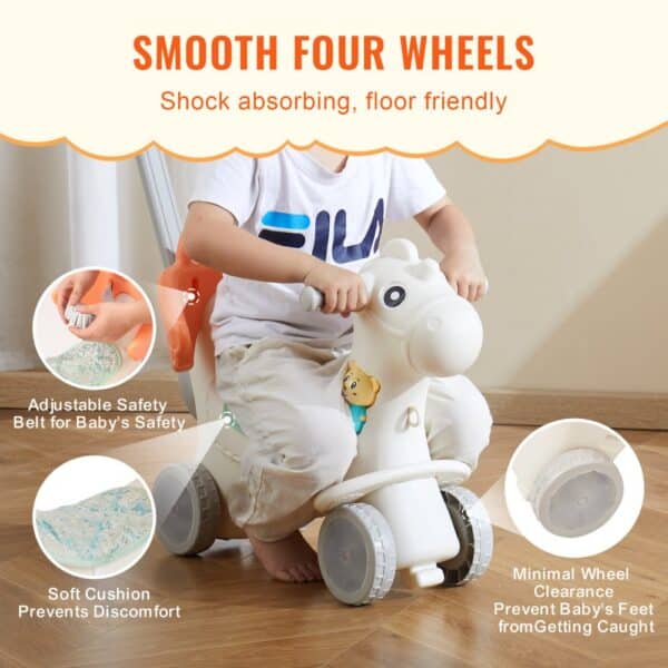 child riding VEVOR rocking horse with safety belt, soft cushion, and shock-absorbing wheels on wood floor.