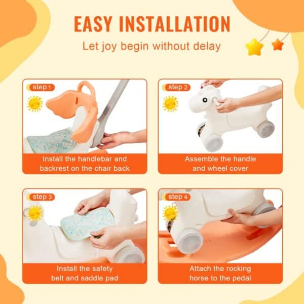 easy installation steps for assembling VEVOR rocking horse, from handlebar to safety belt setup.