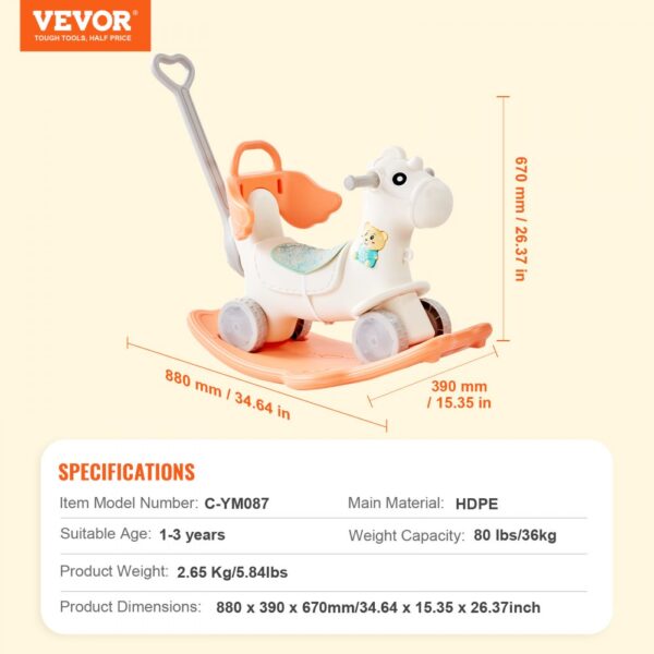 VEVOR rocking horse with wheels, dimensions, age range, and material details. suitable for 1-3 years.