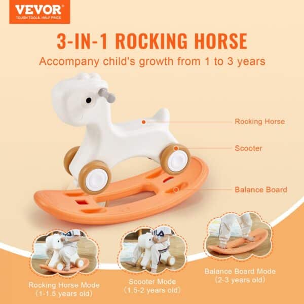 VEVOR rocking horse 3-in-1, transitions from rocking horse, scooter, to balance board for ages 1-3.